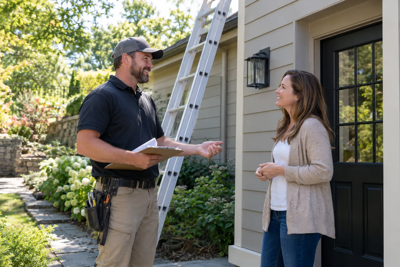 A roofing provider reviewing a roof checklist with a homeowner in the Haverhill area