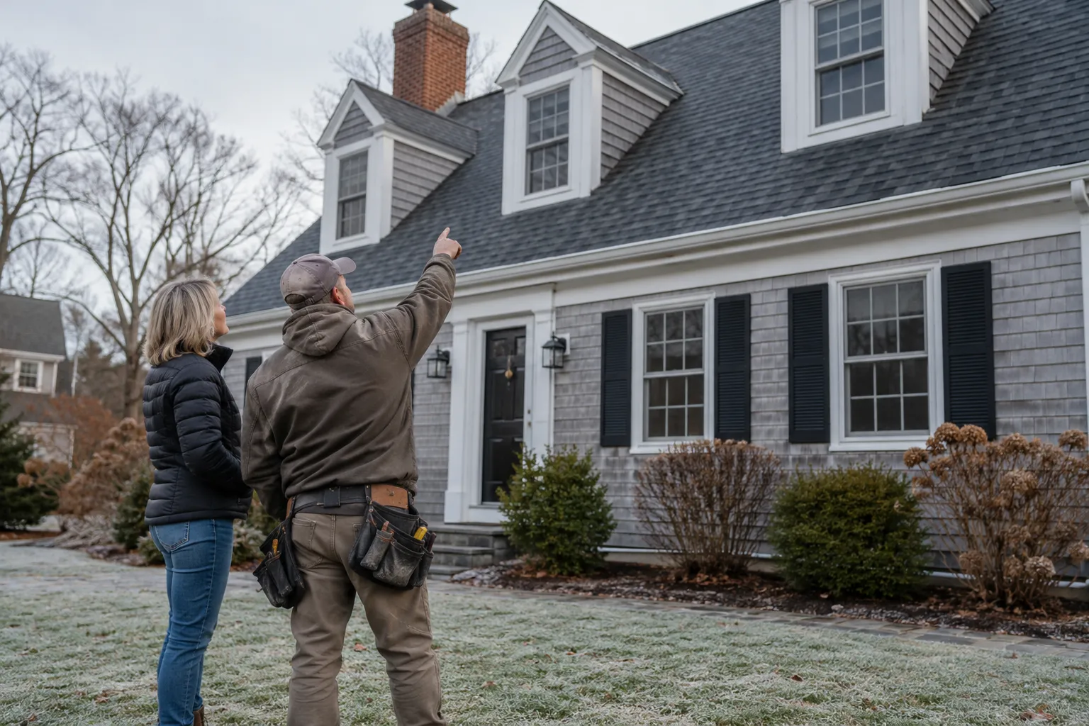A homeowner in Haverhill looking up at the roof of a Cape Cod style house with a roofing provider