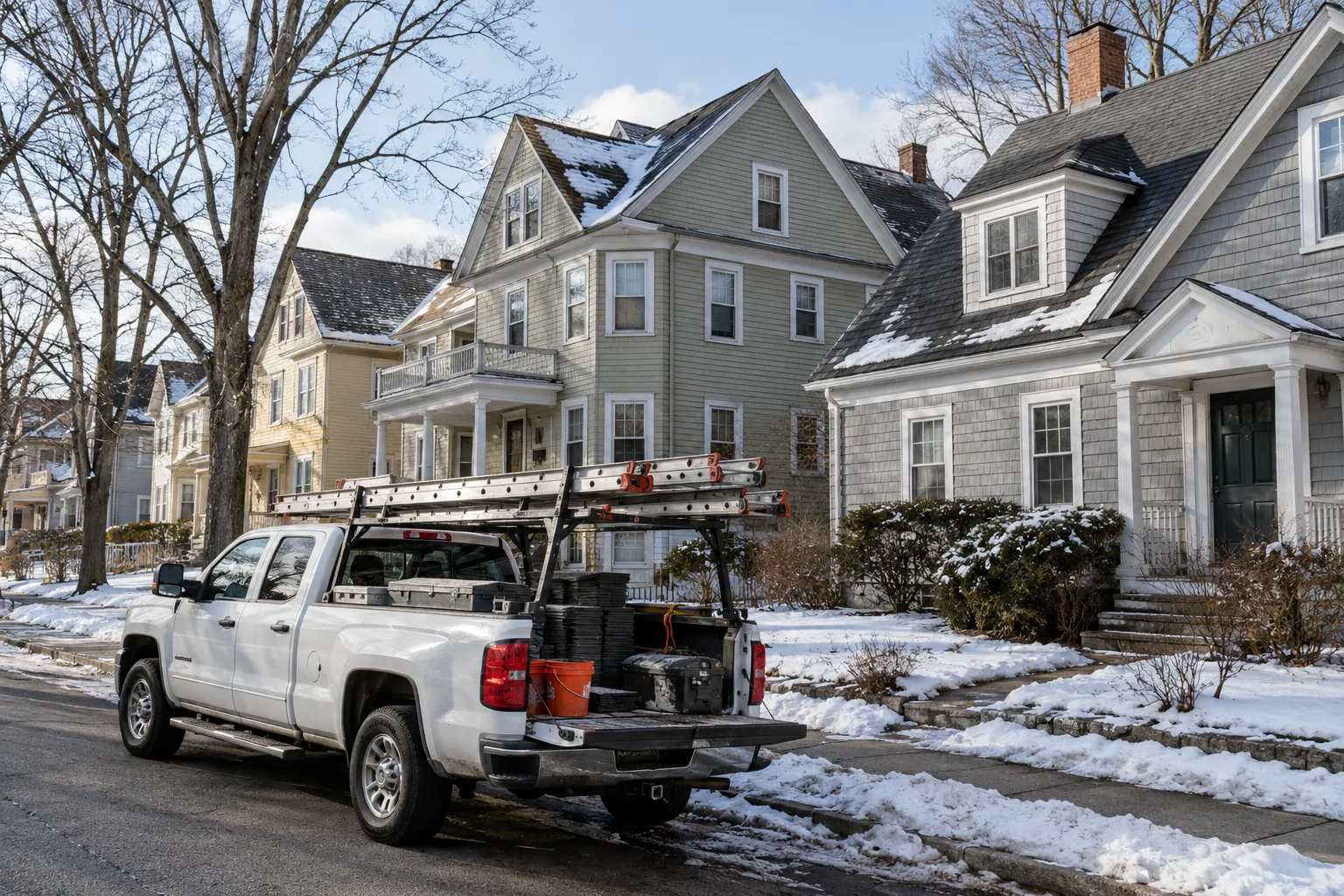 Older homes with shingle roofs on a street in Haverhill